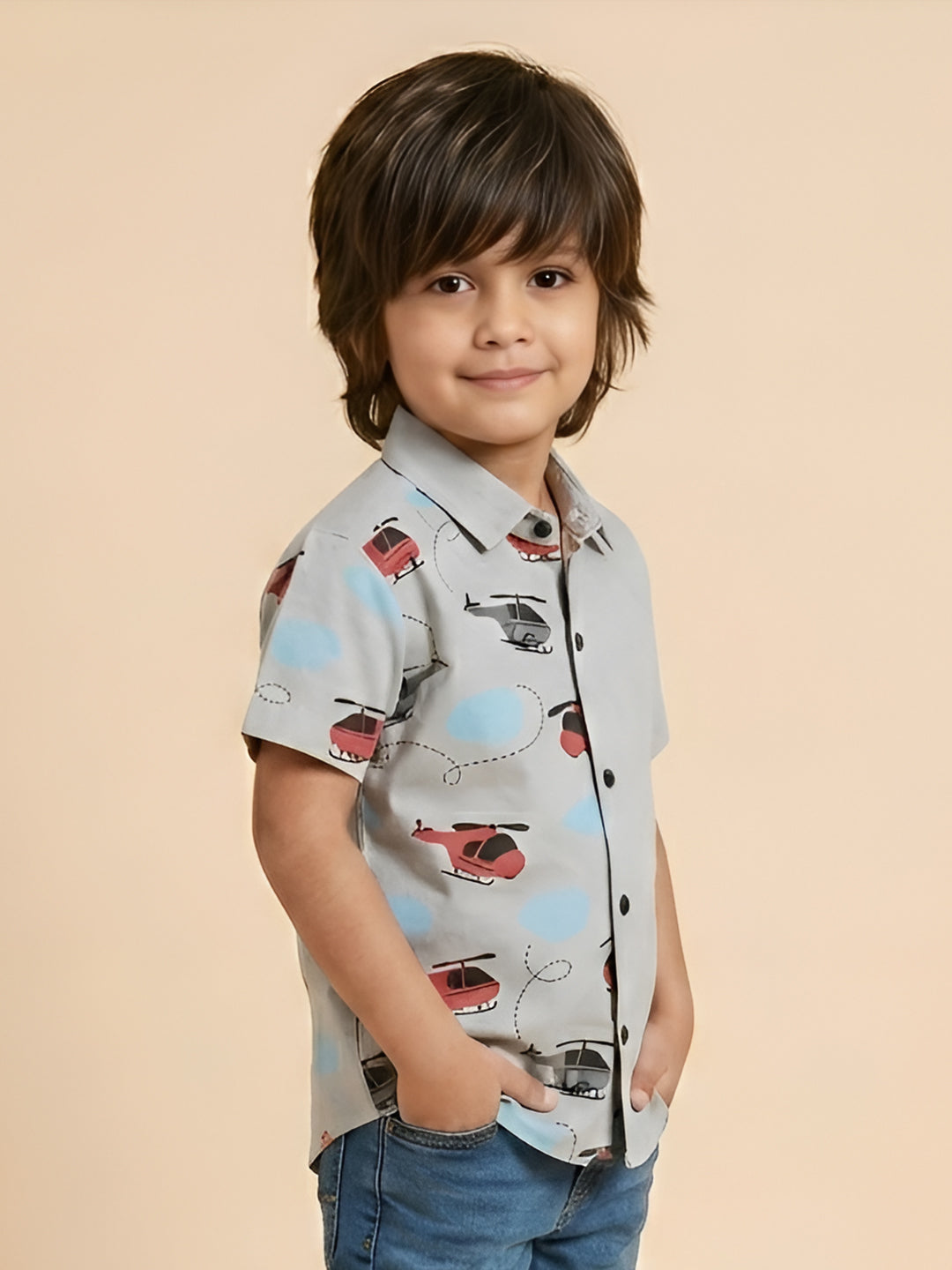 Polka Tots Cotton Regular Fit Half Printed Helicopter Sky Theme Shirt - Grey