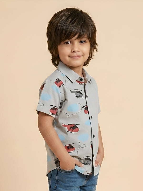 Polka Tots Cotton Regular Fit Half Printed Helicopter Sky Theme Shirt - Grey