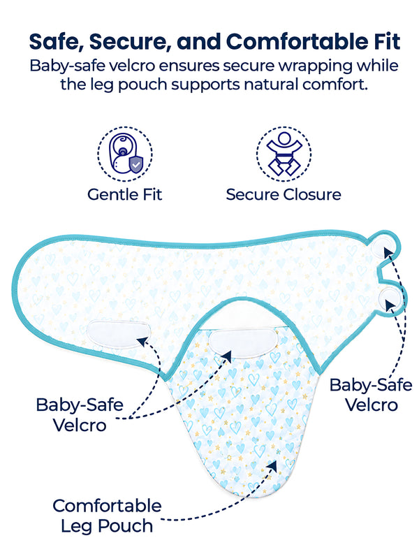 Polka Tots Heart Print Swaddle wrap with Cap - Blue