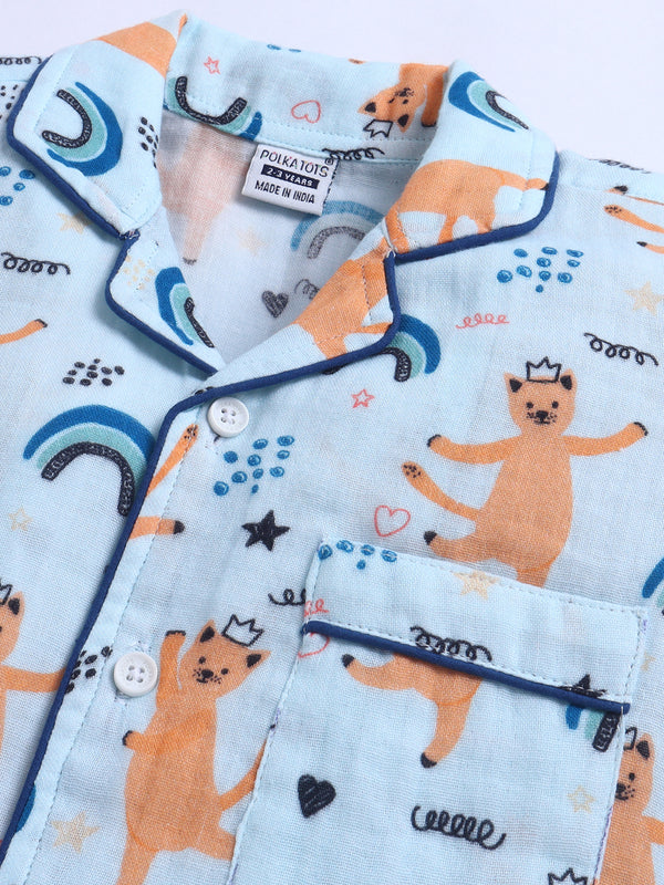Polka Tots Half Sleeve Muslin Dancing Cat Night Suit- Blue