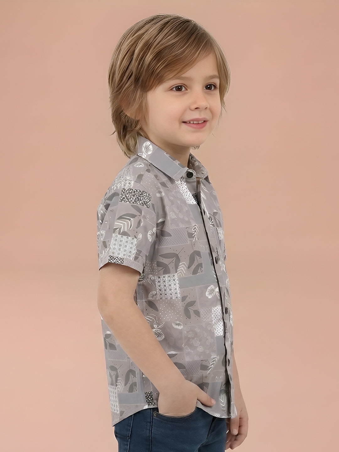 Polka Tots Cotton Regular Fit Half Sleeve Leaf Printed Kids Shirt - Grey