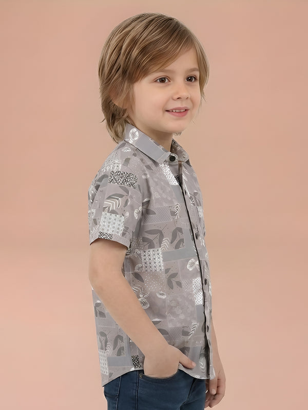 Polka Tots Cotton Regular Fit Half Sleeve Leaf Printed Kids Shirt - Grey