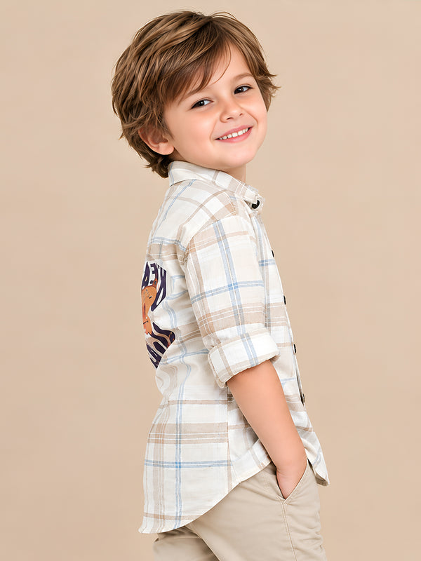 Polka Tots Full Sleeves Bearly Awake print Kids Shirt - Beige