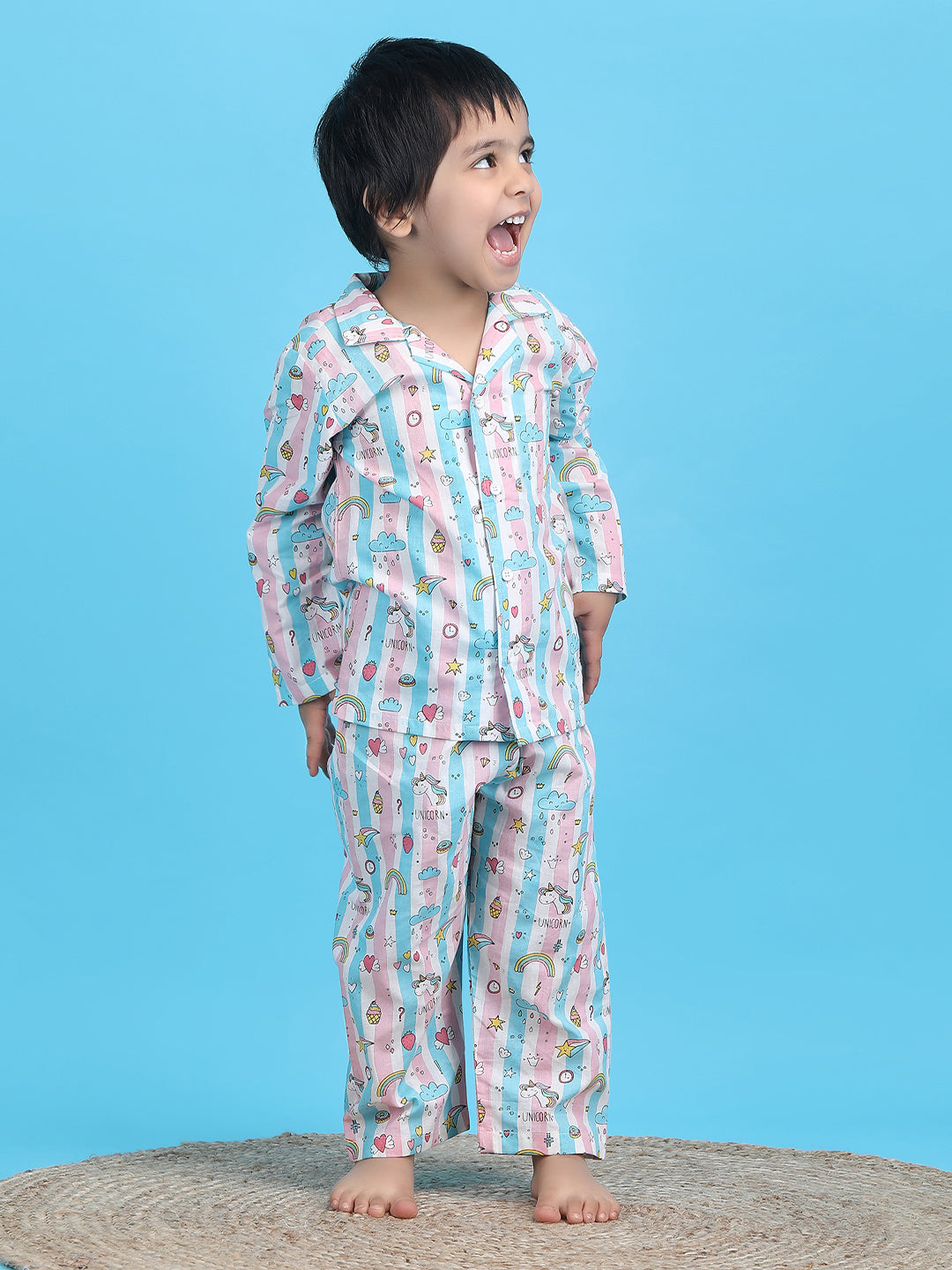Polka Tots Full sleeves Unicorn print Stripes Night suit - Pink