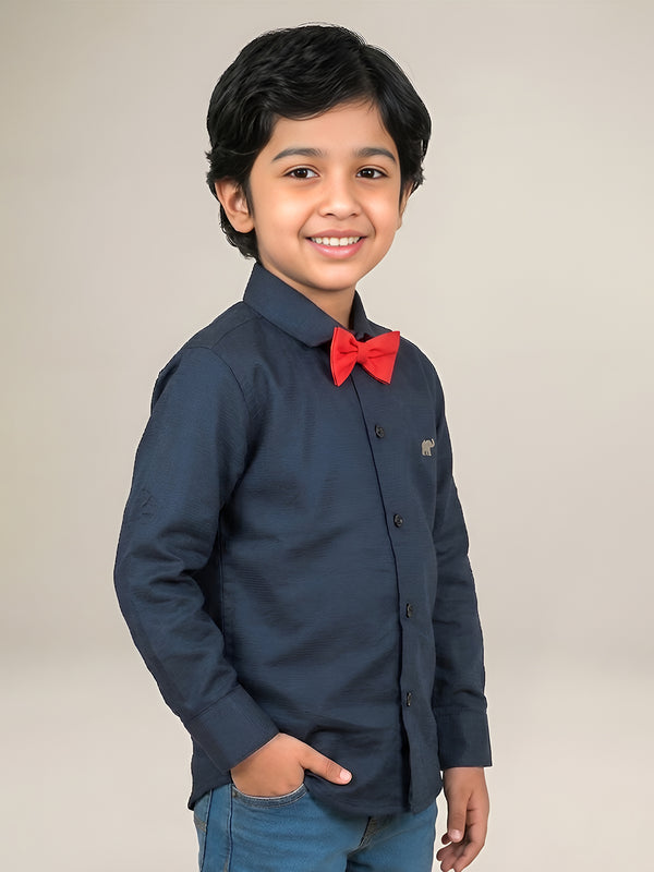 Polka Tots Full Sleeves Solid Shirt With Bow Tie - Navy Blue