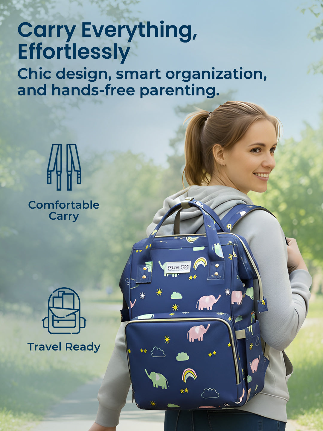 Woman carrying a blue patterned backpack with text about its features.