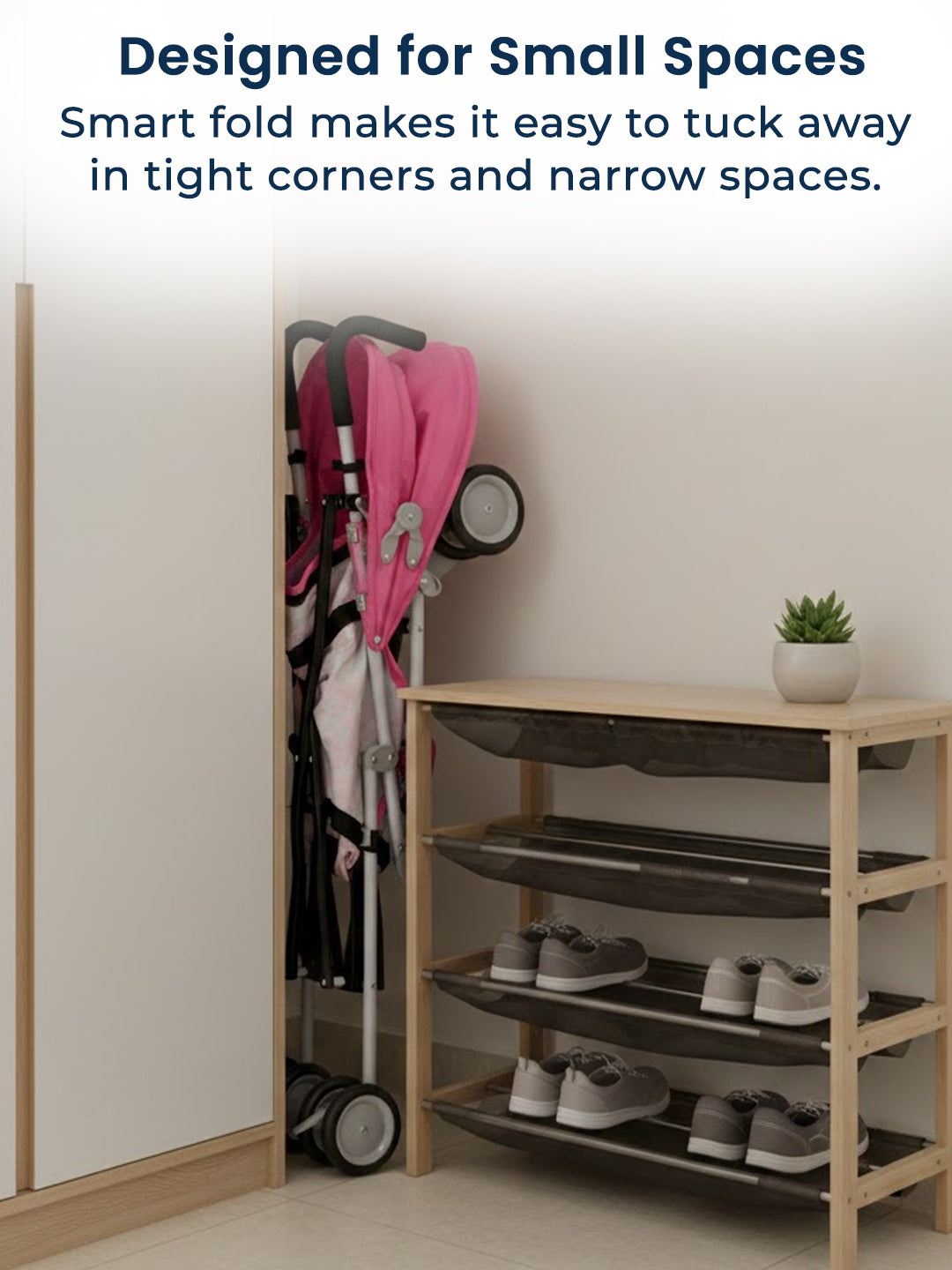 Shoe rack with shoes and a garment rack against a wall, with text highlighting its compact design.