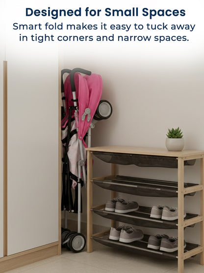 Shoe rack with shoes and a garment rack against a wall, with text highlighting its compact design.