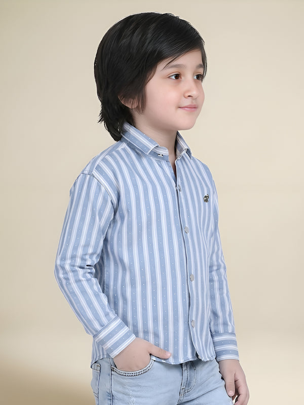 Polka Tots Full Sleeves Cotton Striped Shirt - Blue