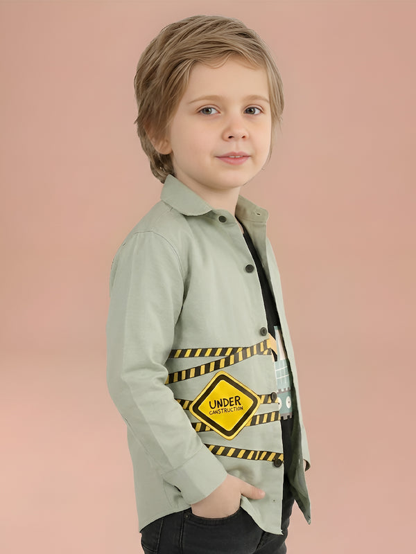 Polka Tots Full Sleeves Under Construction Print Tshirt Shirt - Green
