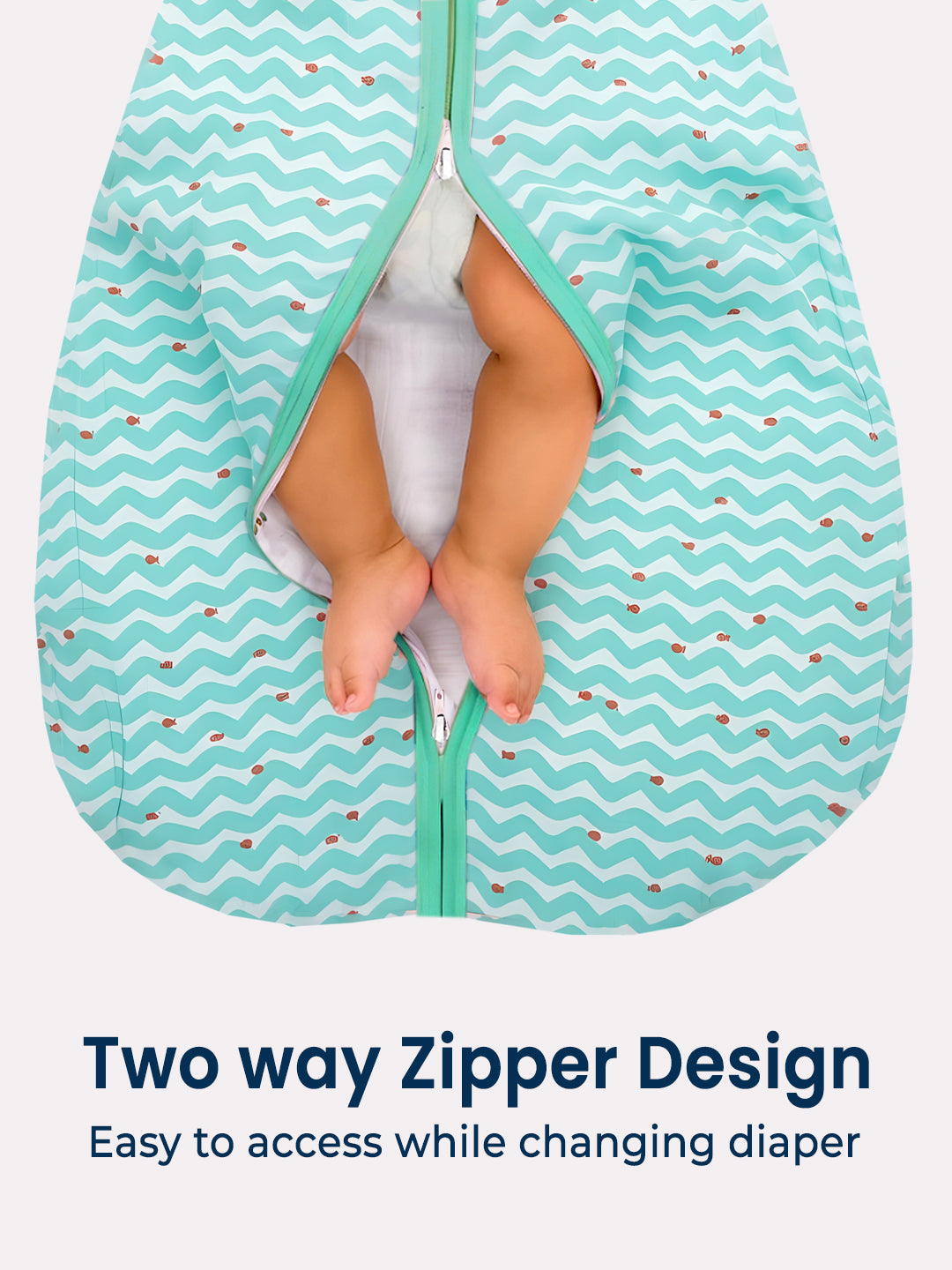 Polka Tots 100% Soft Cotton Wave Print Sleeping Bag with Cap - Blue