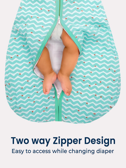 Polka Tots 100% Soft Cotton Wave Print Sleeping Bag with Cap - Blue