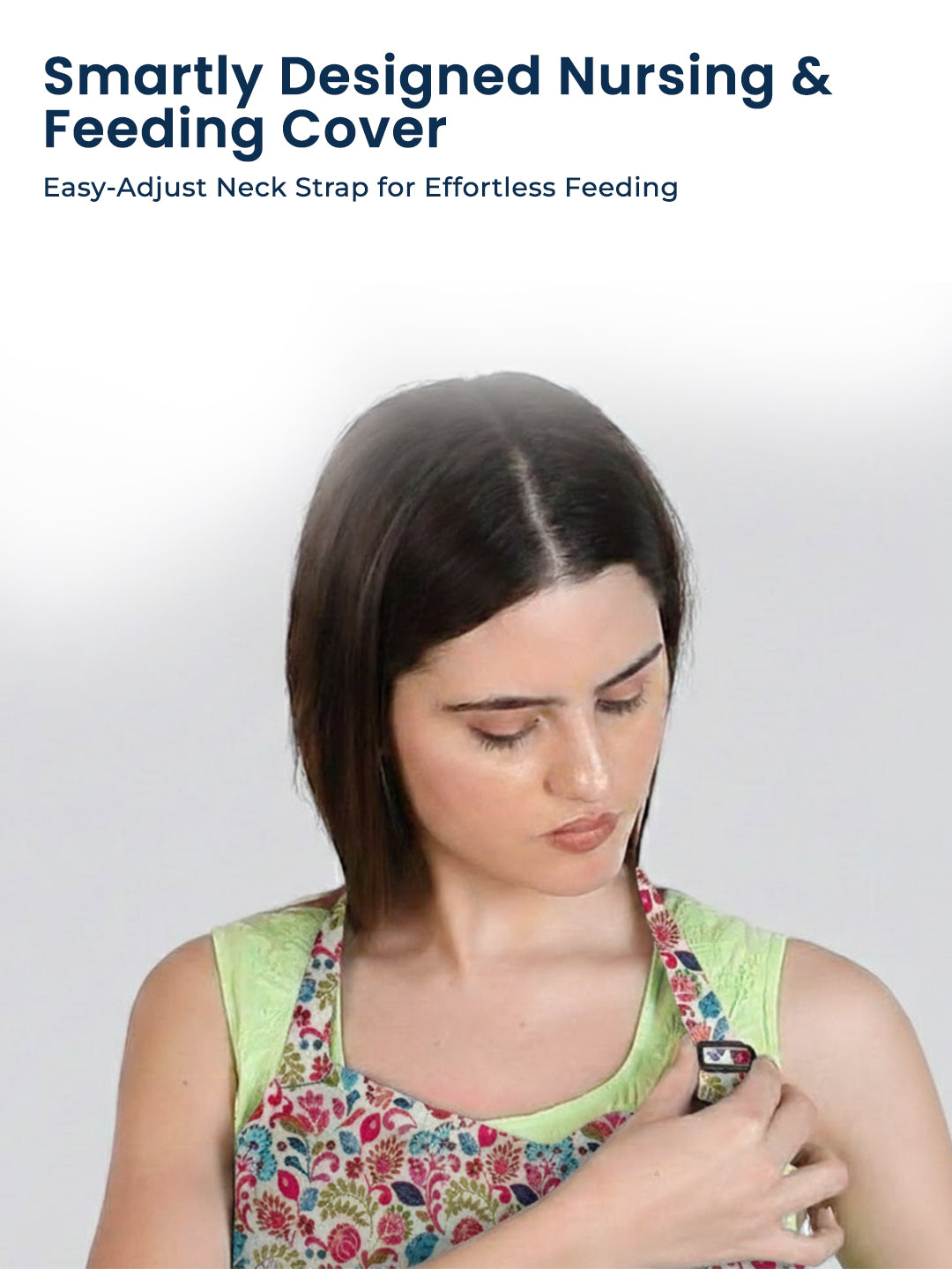 Woman wearing a floral apron with text about a nursing and feeding cover on a white background