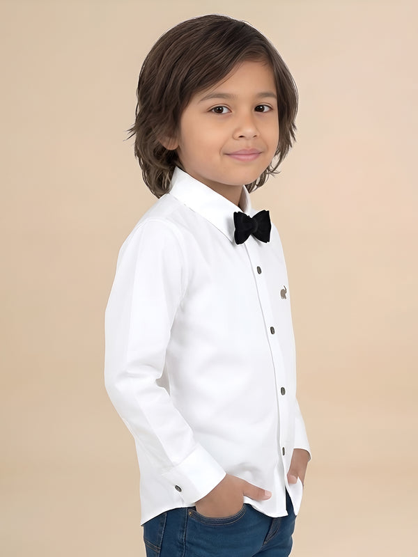 Polka Tots Full Sleeves Solid Shirt With Bow Tie - White