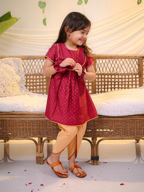 POLKA TOTS Girls Festive Golden Foil Print Kurta Dhoti Set – Dark Pink