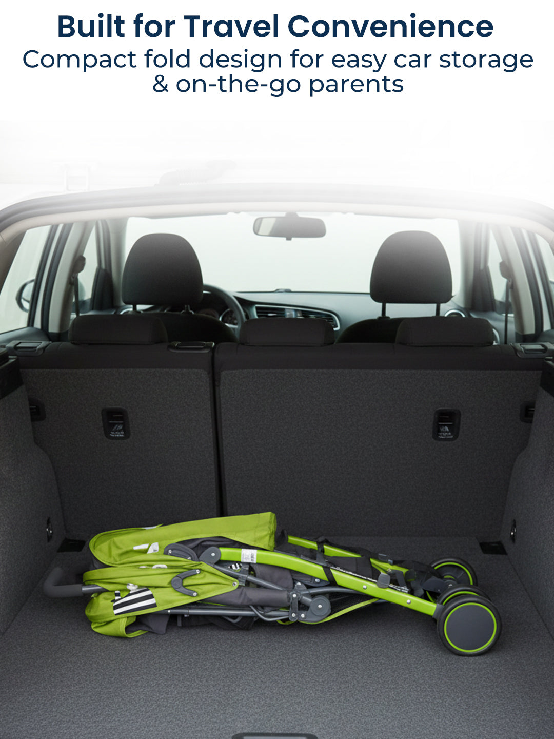 Compact car seat in a vehicle's trunk with text about travel convenience.