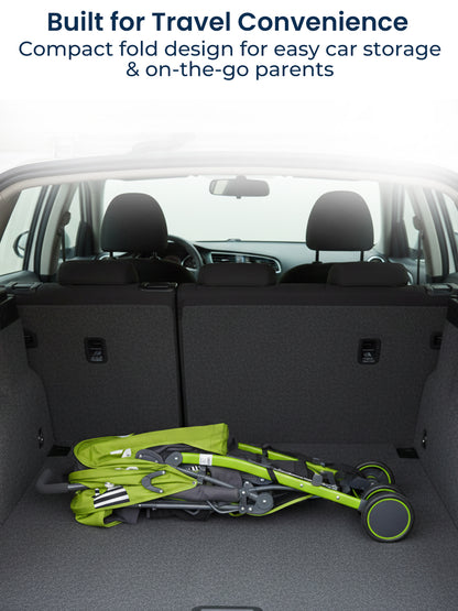 Compact car seat in a vehicle's trunk with text about travel convenience.