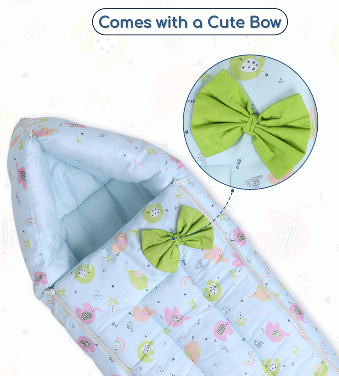 Polka Tots Baby Sleeping Nest Cotton Carry Pod Bedding for Newborn Sleeping Bag with a Bow -Elephant print Blue