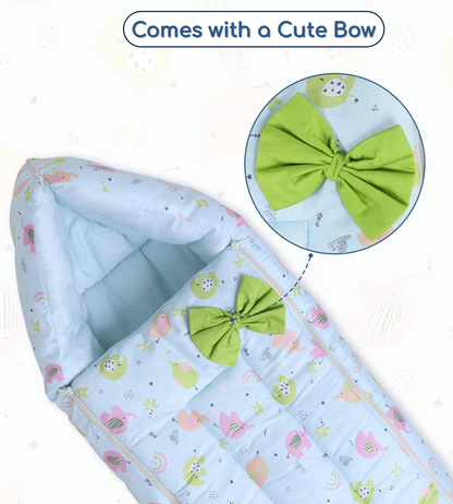 Polka Tots Baby Sleeping Nest Cotton Carry Pod Bedding for Newborn Sleeping Bag with a Bow -Elephant print Blue