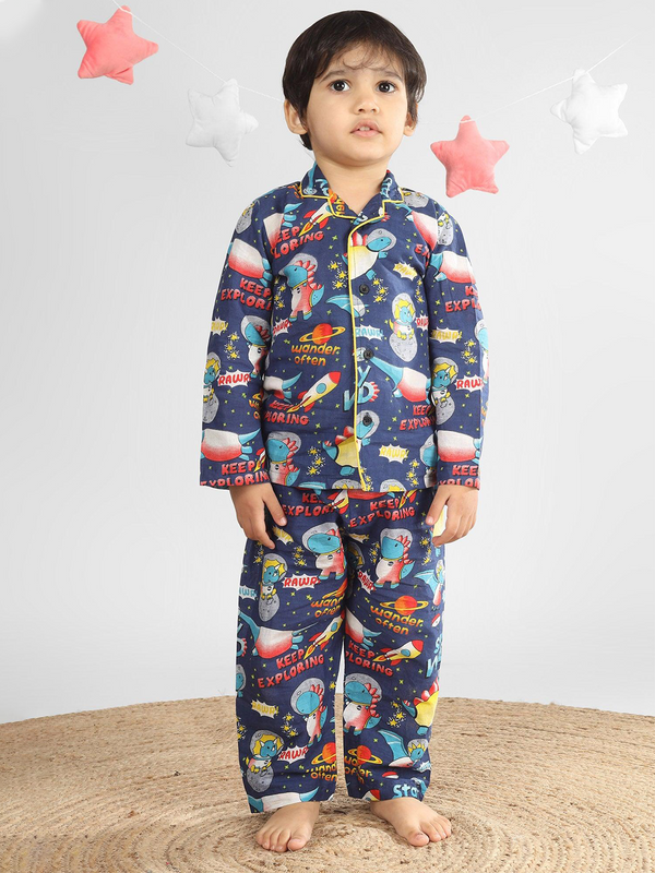 Polka Tots Full Sleeve Space print Night Suit - Blue