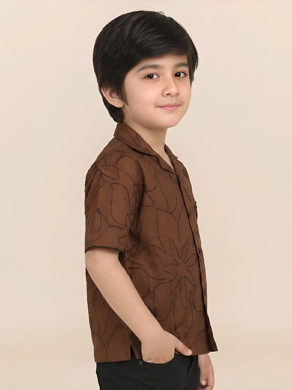 Polka Tots Half Sleeves Embroidered Shirt  - Brown