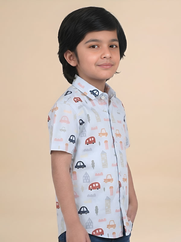 Polka Tots Half Sleeves Vehicles print Shirt - Blue