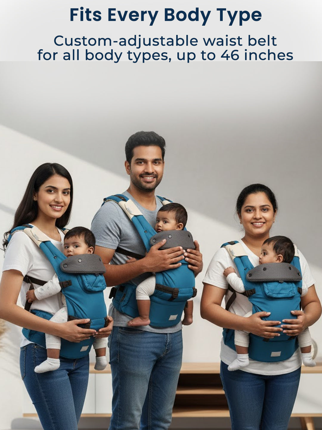 Family of four using blue baby carriers with text about customizable waist belts.