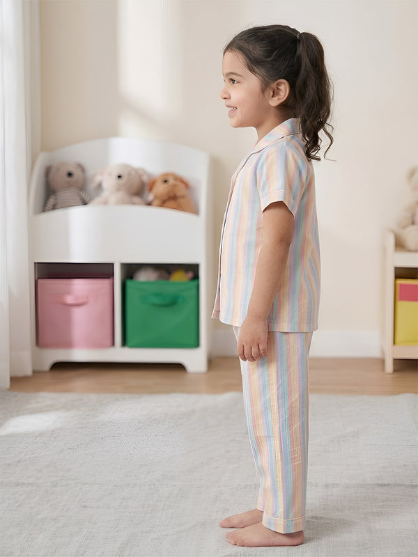 Polka Tots Half sleeves Stripes print Night Suit - Yellow/Blue