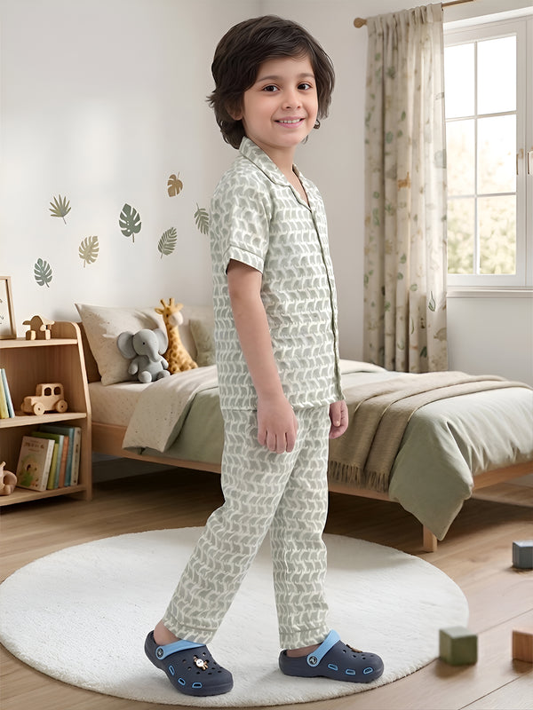 Polka Tots Half sleeves Elephant print Night Suit - Green