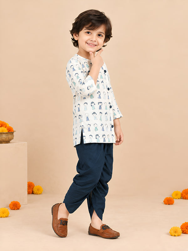 Polka Tots Cotton Full Sleeve Cartoon Print Angrakha Top With Dhoti - Navy