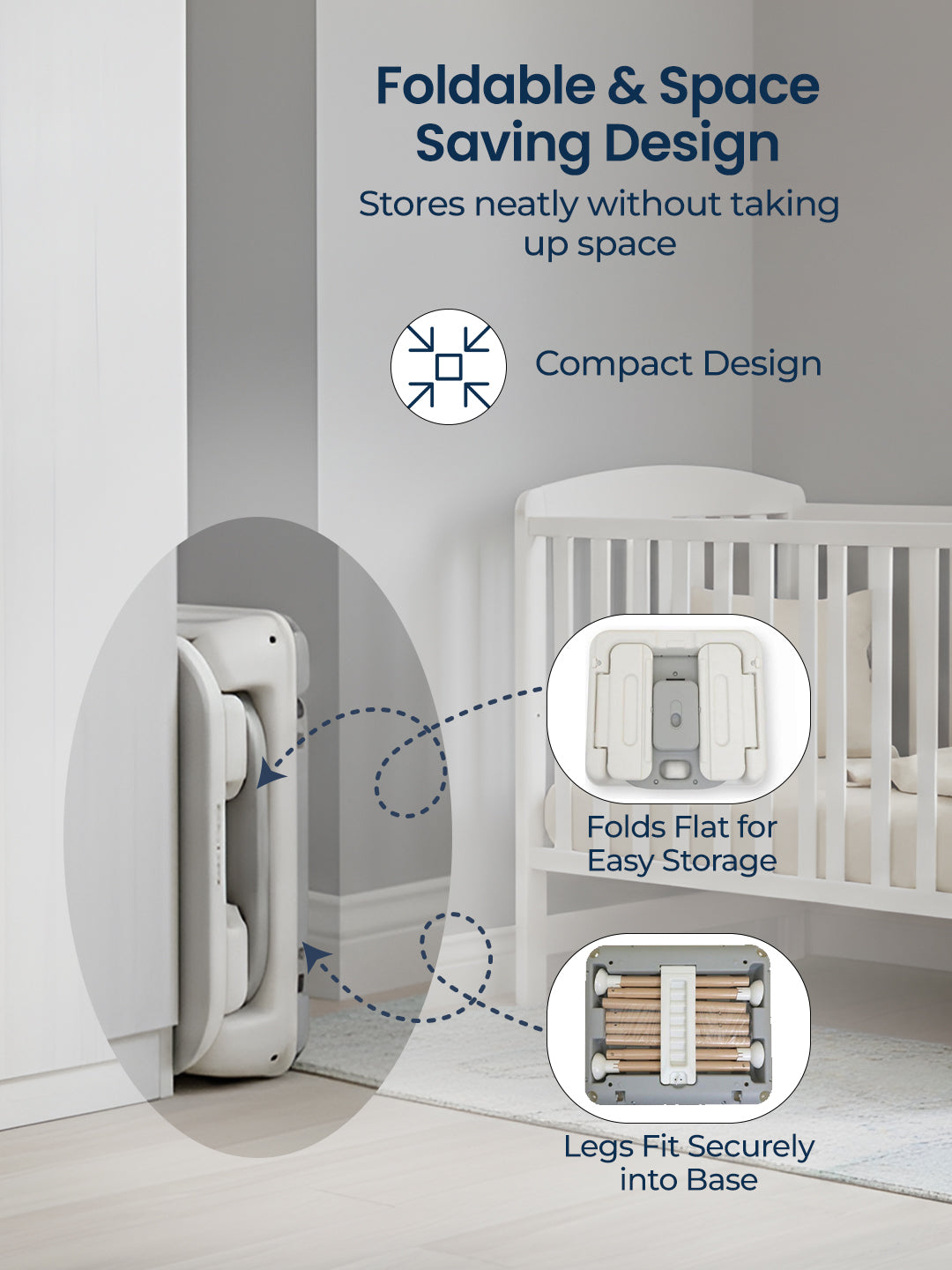 Foldable baby crib with storage solution and text highlighting features.