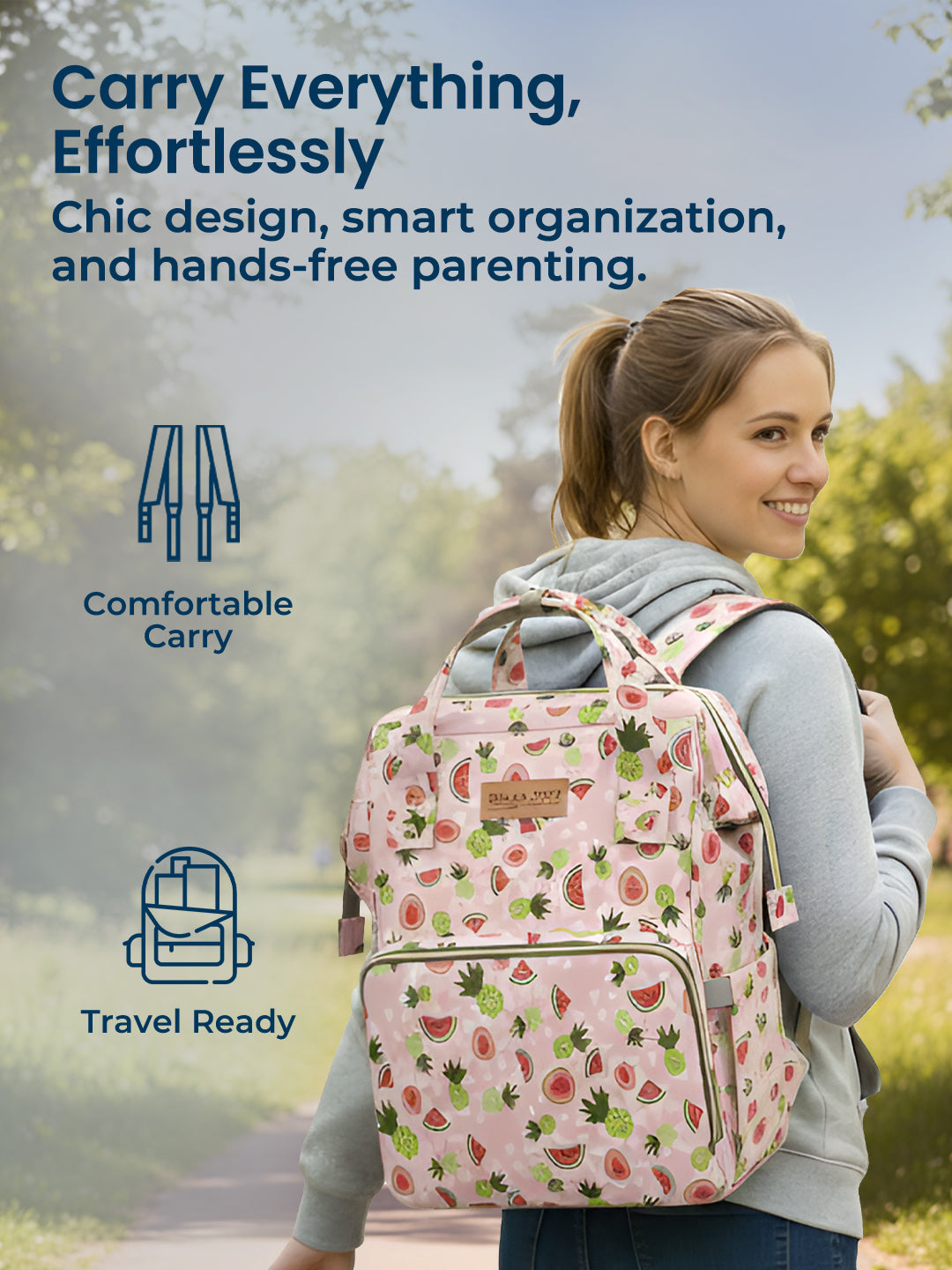 Woman carrying a pink backpack with watermelon pattern outdoors, promotional text about product features.