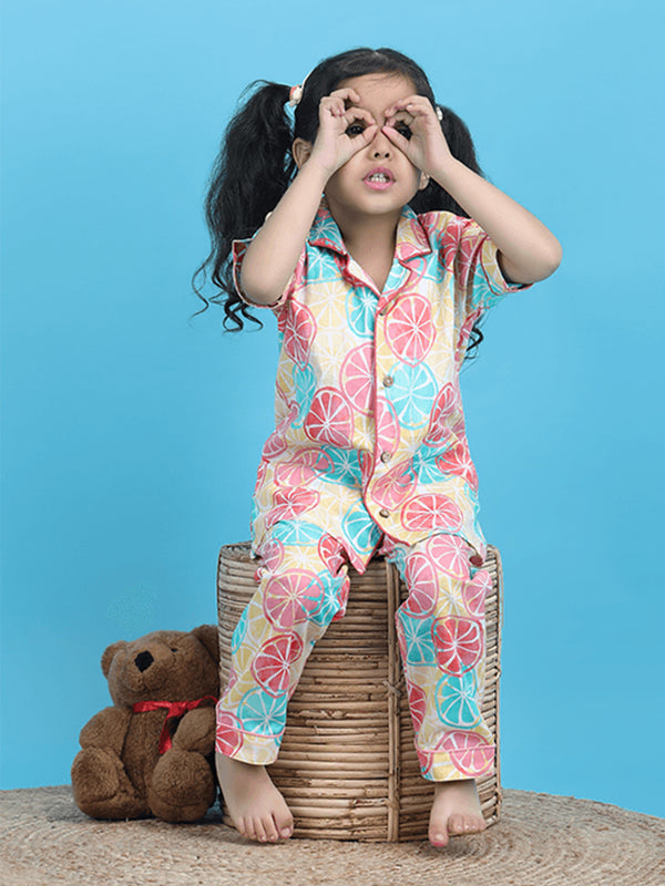 Polka Tots Half Sleeve Lemon print Night Suit - Multicolor