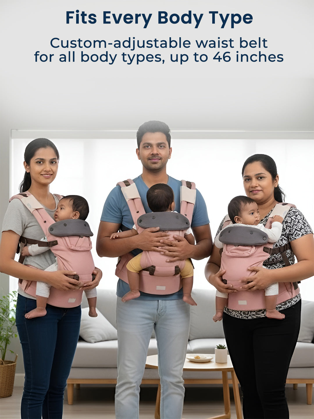 Three people using a baby carrier with text about customizable waist belts.