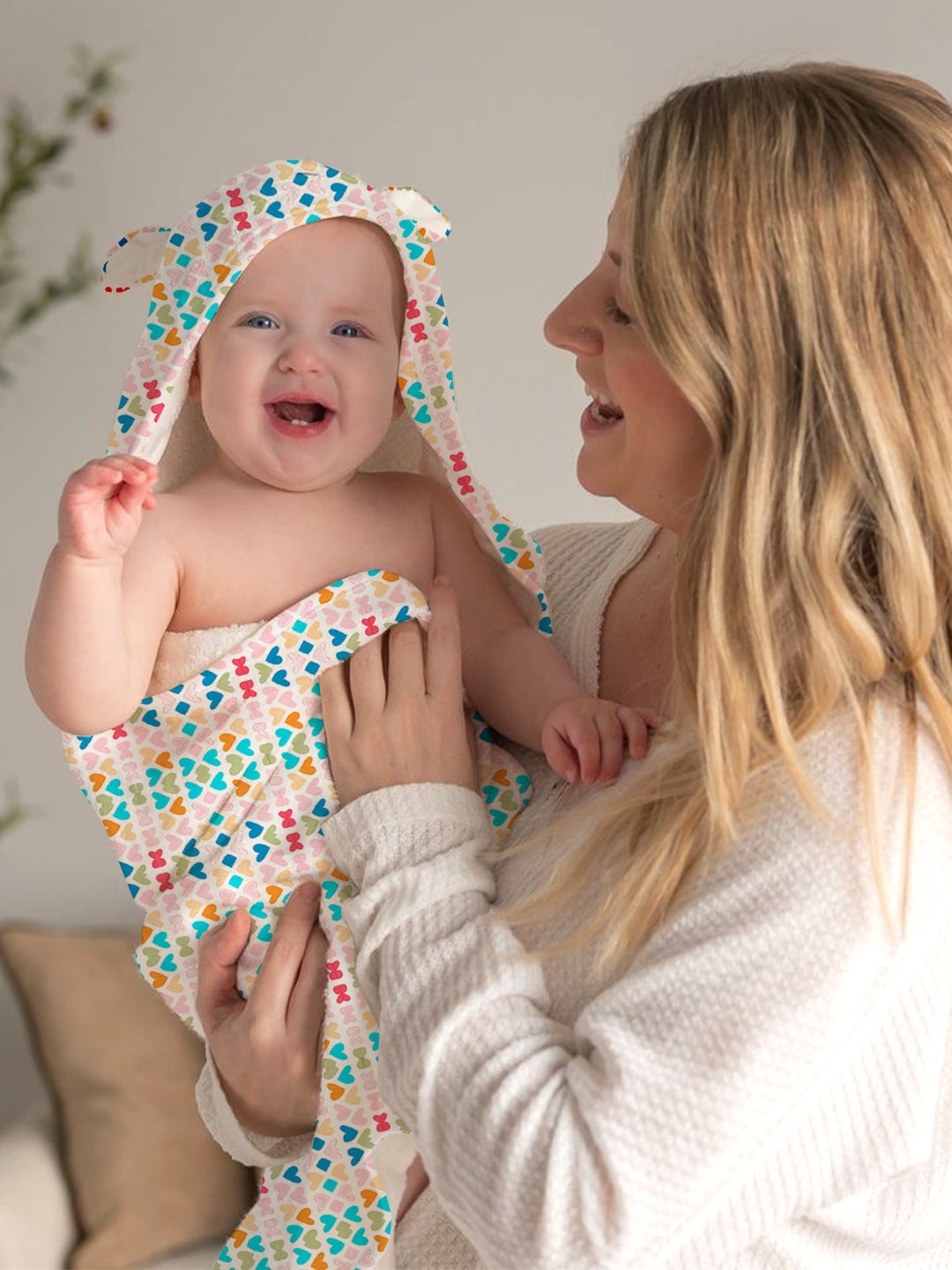 Polka Tots 100% Soft Muslin Cotton 2-Layer Hooded Baby Towel with Ear Appliqué - Mini Hearts Print