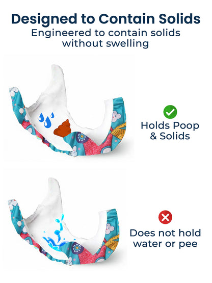 Colorful poop bag dispenser with text explaining its features on a white background