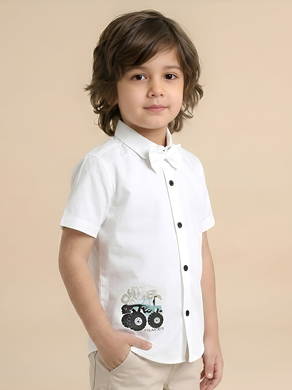 Polka Tots Cotton Regular Fit Little Crusher Diamond Party Wear Kids Shirt With Bow Tie - White