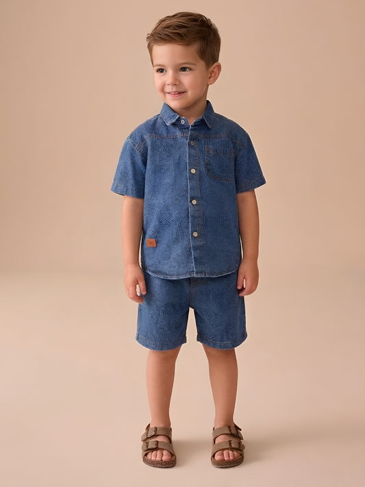 Polka Tots Half Sleeves Alphabet Print Denim co-ord set - Blue