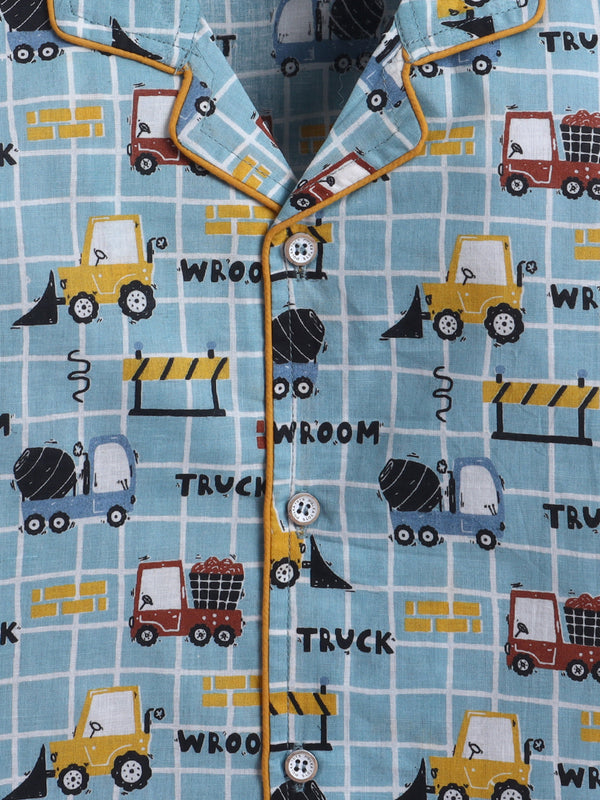 Polka Tots Full Sleeve Truck Print Night Suit- Blue