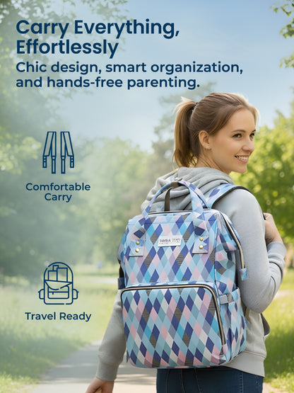 Woman carrying a patterned backpack with text about its features in an outdoor setting.
