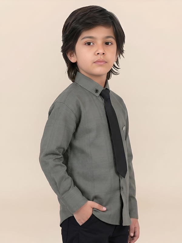 Polka Tots Full Sleeves  Cotton self textured Shirt with Tie - Green