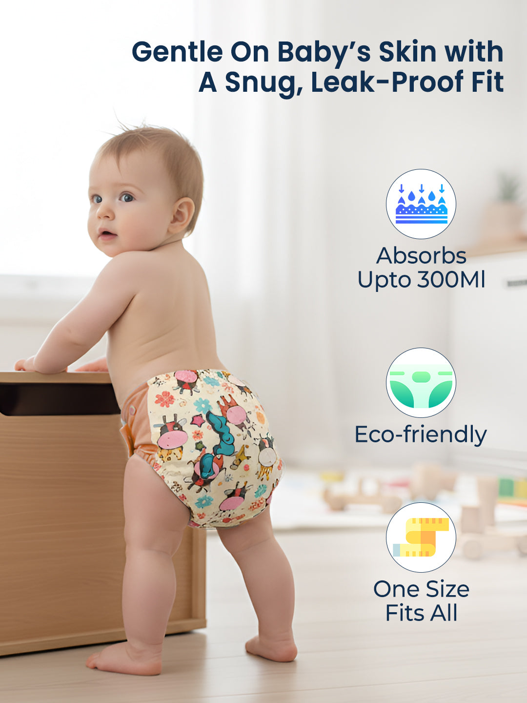 Baby wearing a colorful diaper with text highlighting features on a light background