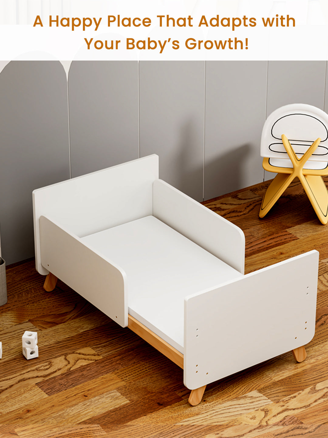 White crib with wooden legs on a wooden floor, with text about adapting to baby's growth.