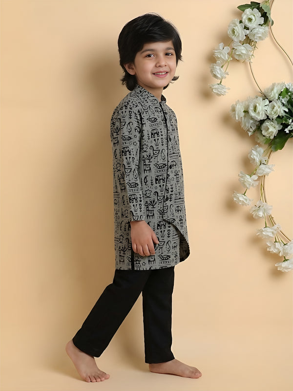 Polka Tots Cotton Full Sleeve Tribal Print Ethnic Kurta Pyjama Set - Black