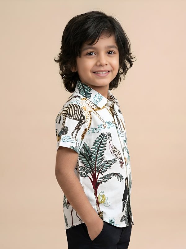 Polka Tots Half Sleeve Kids Shirt 100% Cotton Beach With Animal Print - White