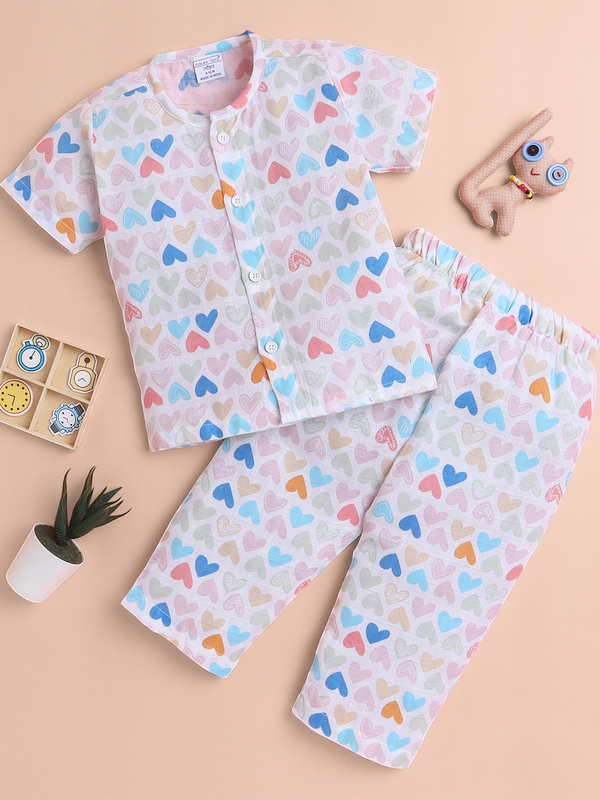 Polka Tots Soft Muslin Cotton Half sleeves Mini Hearts print Jhabla and Pant Set - Multicolor