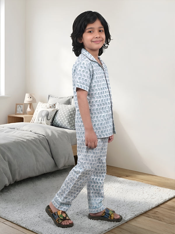 Polka Tots Half sleeves Elephant print Night Suit - Blue