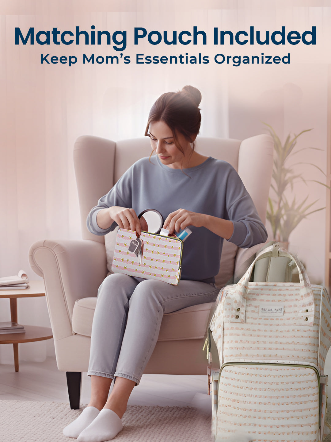 Woman sitting on a chair with a matching pouch and bag, text 'Matching Pouch Included: Keep Mom's Essentials Organized'.