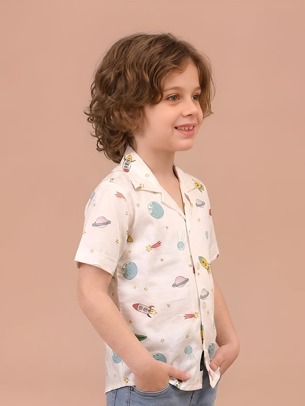Polka Tots Half Sleeves Space print Shirt - White