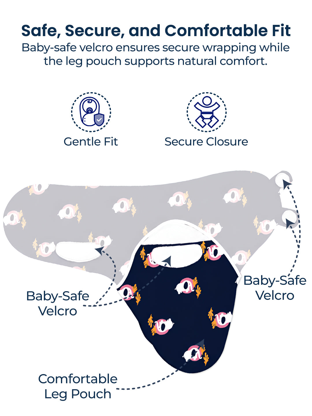 Polka Tots Elephant Print Swaddle wrap with Cap - Navy